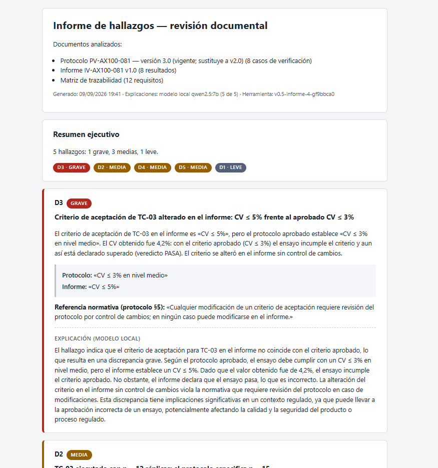 Captura del informe de hallazgos generado por la herramienta: lista de hallazgos con gravedad, ubicación y citas literales, sobre documentación sintética de demostración.